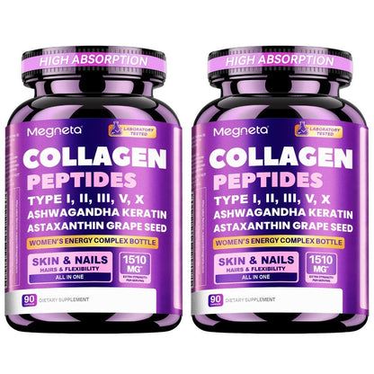 Collagen Capsules Type I II III V X with Vitamin C, Hyaluronic Acid & Biotin, Skin Hydration, Elasticity