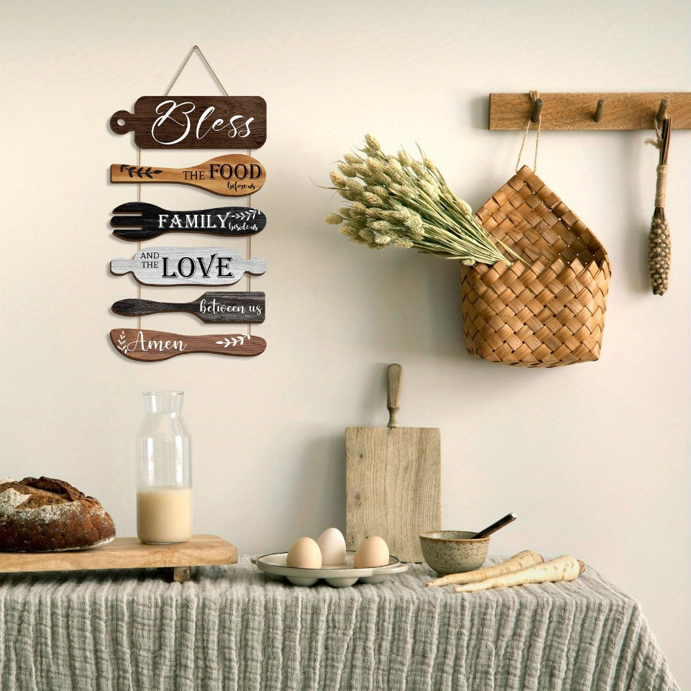 Farmhouse Wall Decor Wood Sign Set – "Bless The Food Before Us" Rustic Kitchen Dining Room Hanging Plaque