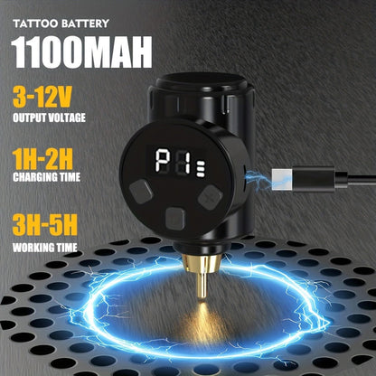 Cordless Tattoo Kit with 1100mAh Skeleton Rotary Pen, 10 Cartridge Needles, 7 Inks and Two Colors