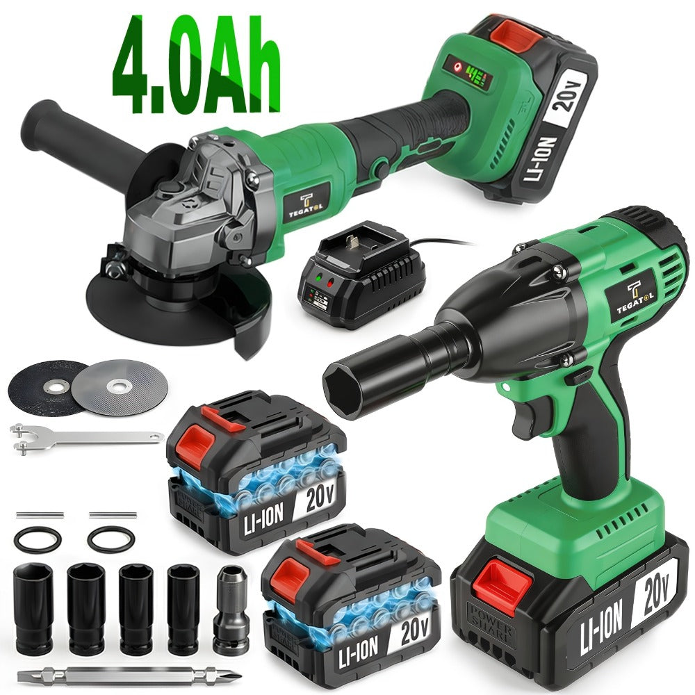 20V Brushless Power Tool Combo Kit, 4-Tool Cordless Set with Impact Wrench, Hammer Drill, Angle Grinder & Electric Drill