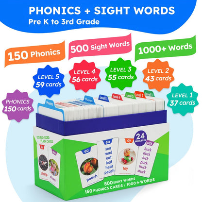 Sight Words Flash Cards 500 Cards & 150 Phonics Cards Set 1000+ Dolch Fry High Frequency Words CVC Blends Long Vowels | Learn to Read Cards