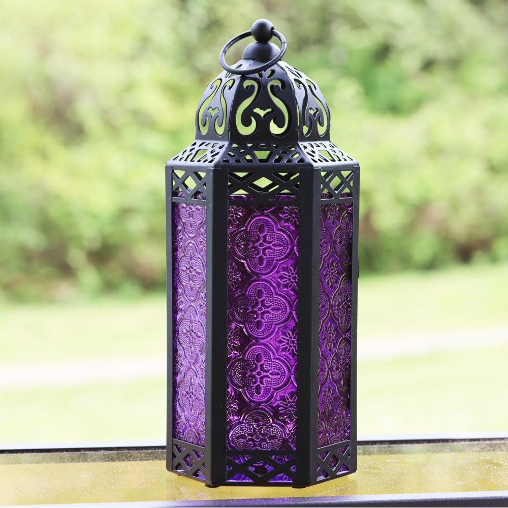 Moroccan Candle Lantern Holder - Decorative Metal & Glass Lantern with Embossed Floral Design for Indoor Home Decor