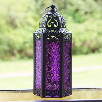 Moroccan Candle Lantern Holder - Decorative Metal & Glass Lantern with Embossed Floral Design for Indoor Home Decor