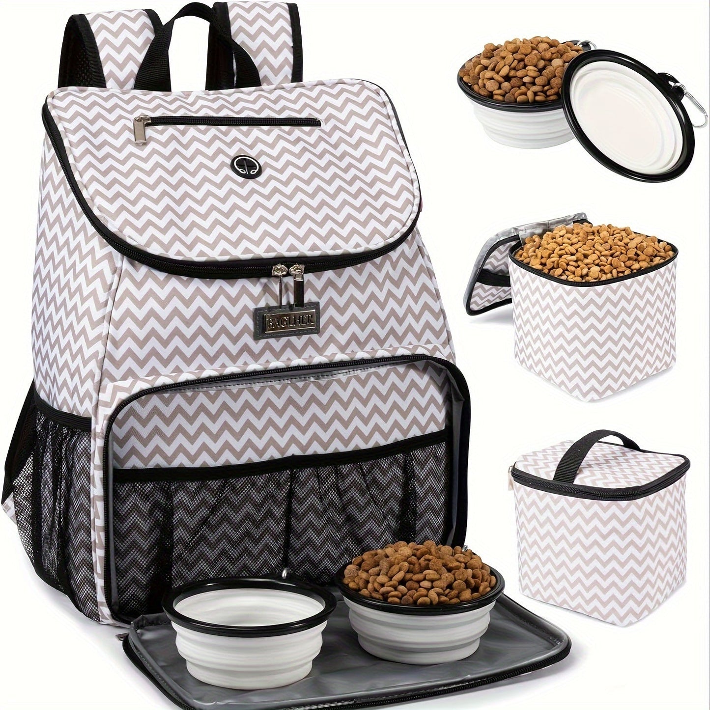 Pet Travel Backpack Double Layer Dog Cat Supplies Bag with 2 Collapsible Bowls 2 Food Baskets Portable Organizer for Outdoor Hiking Camping