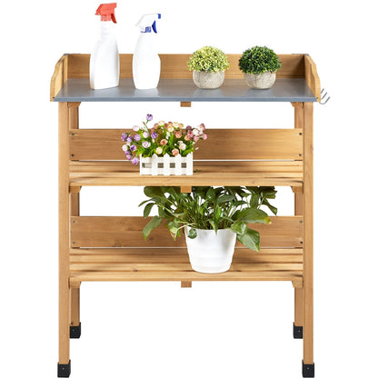 Rolling Potting Bench 3-Tier Wooden Garden Workstation Waist-High Galvanized Metal Top Lockable Casters for Garden, Patio and Yard Use