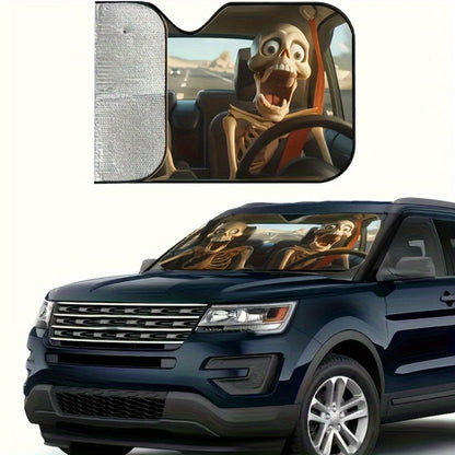 Car Windshield Sunshade Skull Pattern UV Blocking – Front Window Sun Shade with 4 Suction Cups Universal Fit Keeps Car Cool Skeleton Design