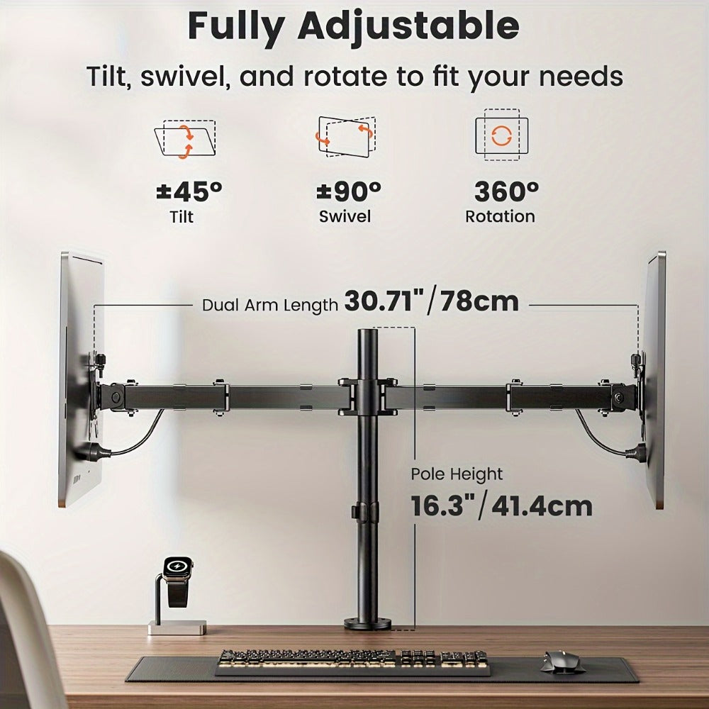 Adjustable Dual Monitor Arm for 13-32 Inch Screens, VESA 75x75/100x100mm, 45° Tilt 90° Swivel 360° Rotation