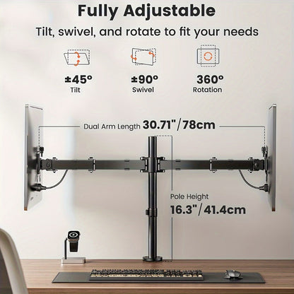 Adjustable Dual Monitor Arm for 13-32 Inch Screens, VESA 75x75/100x100mm, 45° Tilt 90° Swivel 360° Rotation