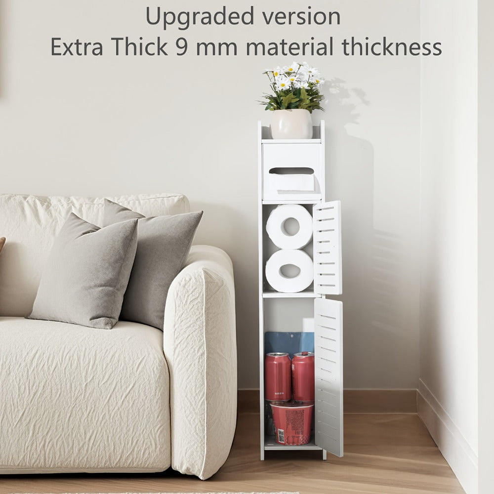 Slim Bathroom Storage Cabinet, PVC Toilet Paper Holder & Organizer for Small Spaces, Easy Assembly