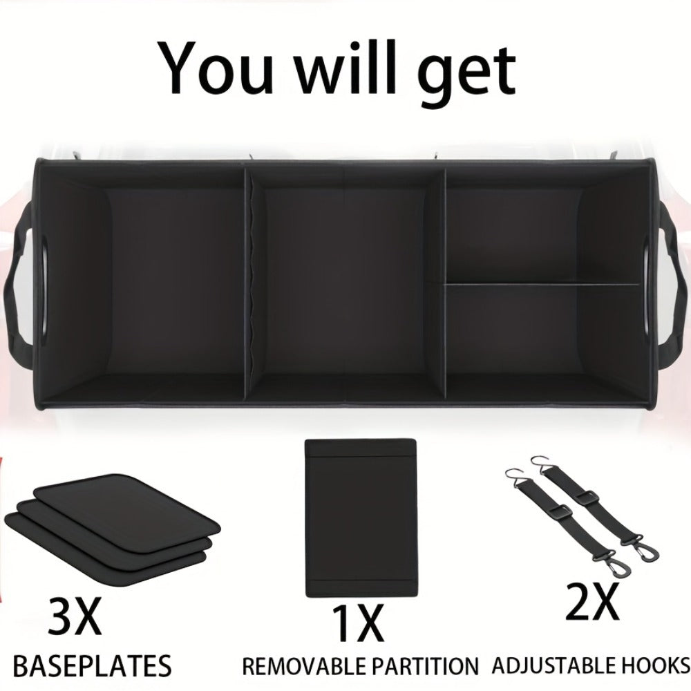 Car Trunk Organizer, 95L Foldable 4-Compartment Bin with Two Retractable Straps and Divider Set