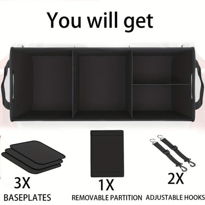 Car Trunk Organizer, 95L Foldable 4-Compartment Bin with Two Retractable Straps and Divider Set