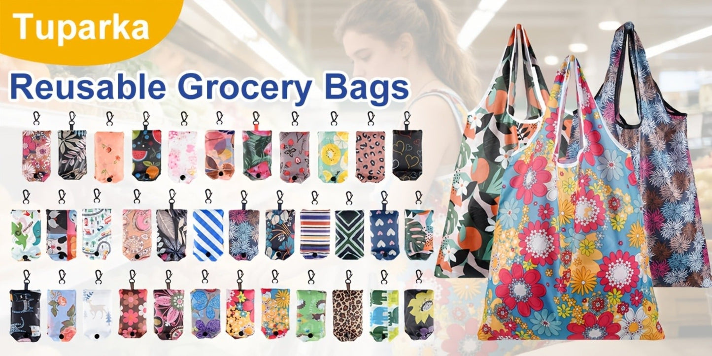 Reusable Grocery Bags Foldable Nylon Tote Bags Waterproof Washable Eco-Friendly Shopping Bag Set with Cute Floral Stripe Polka Dot Leopard