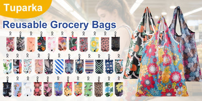 Reusable Grocery Bags Foldable Nylon Tote Bags Waterproof Washable Eco-Friendly Shopping Bag Set with Cute Floral Stripe Polka Dot Leopard
