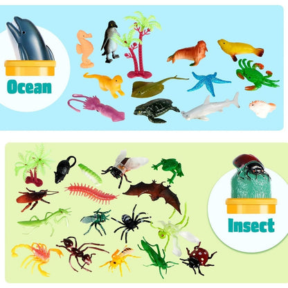 Animal Figures Toys for Kids 69pcs, 5-Set Nature World Mini Animal Figurines with Sensory Bin, Zoo