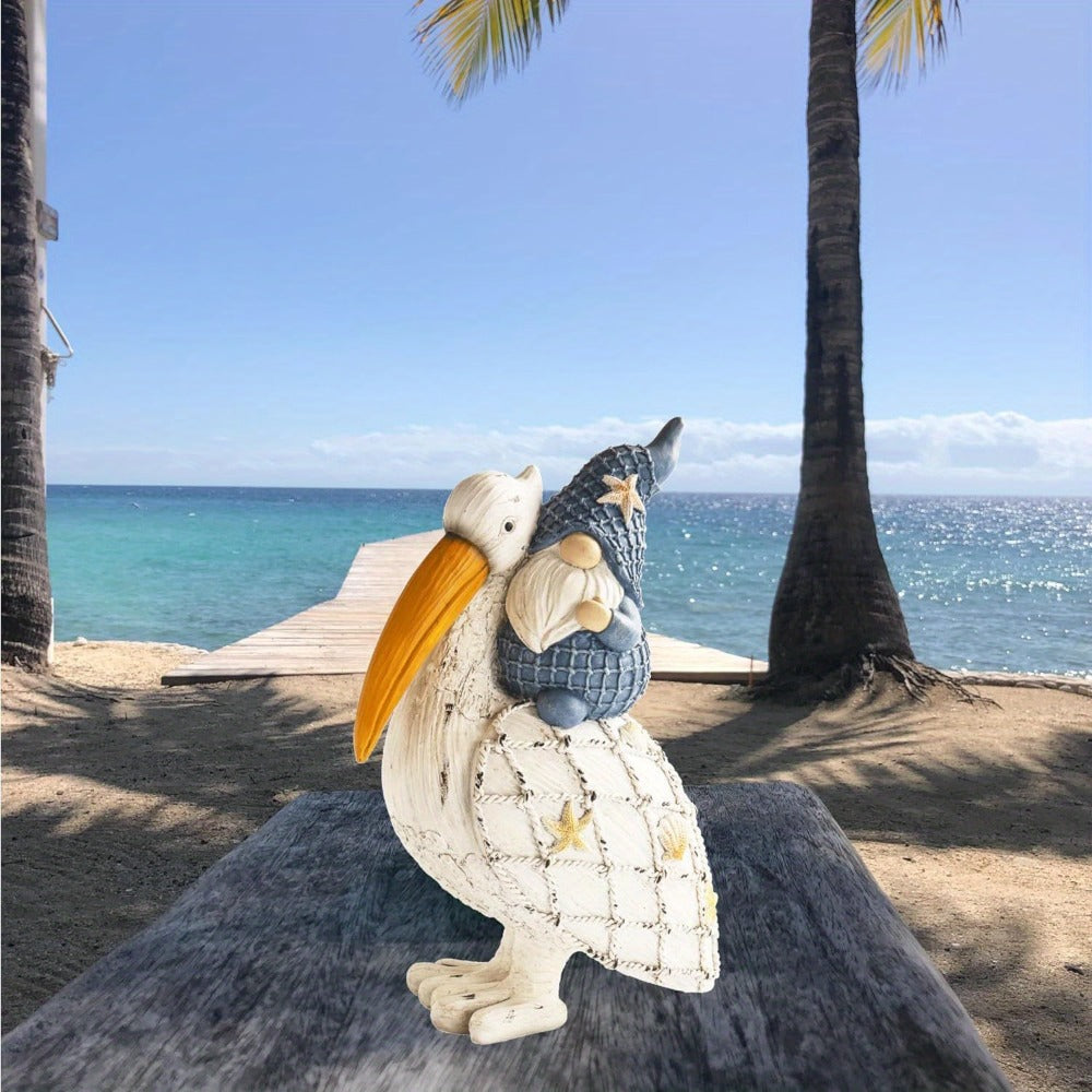 Pelican Gnome Figurine 11.5", Resin Coastal Beach Decor with Starfish & Seashell, Tabletop Statue for Home