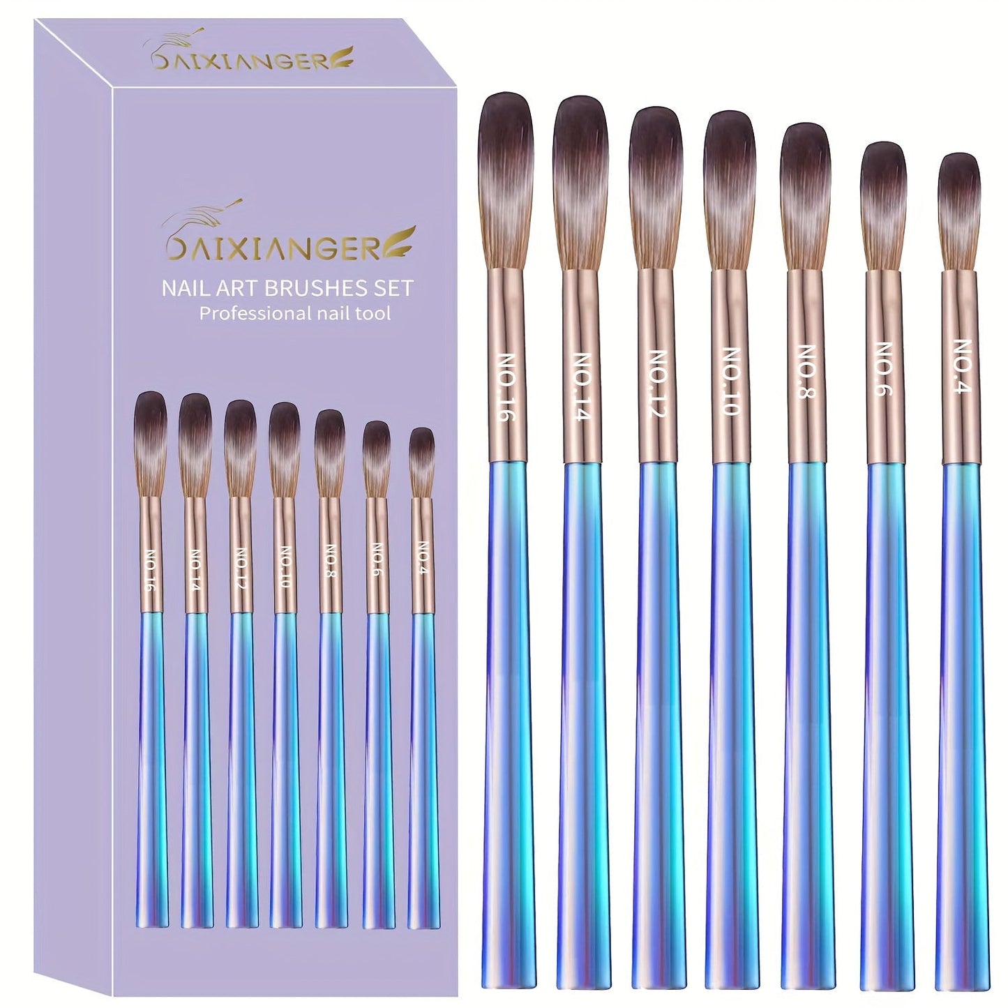 Nail Art Brush Set 7Pcs Aurora Blue Handle – Professional Acrylic Gel UV Nail Painting Brushes for Sculpting Dotting Liner Drawing