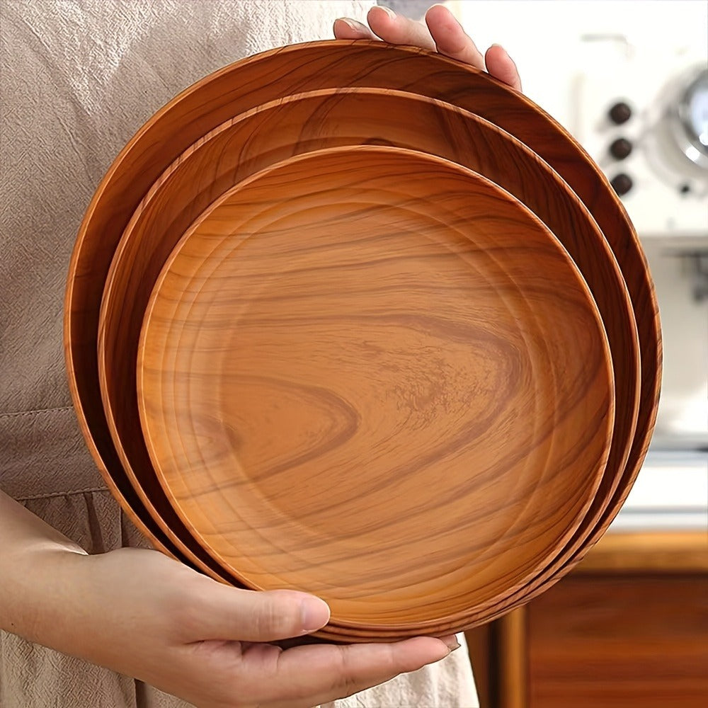 10pcs Wood Grain Dinner Plates Set – Round Striped Plastic Serving Trays for Home Kitchen Dessert Shop Restaurant