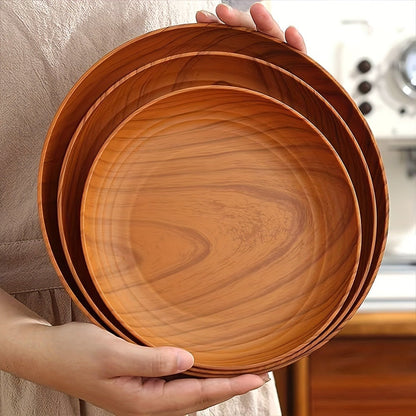 10pcs Wood Grain Dinner Plates Set – Round Striped Plastic Serving Trays for Home Kitchen Dessert Shop Restaurant