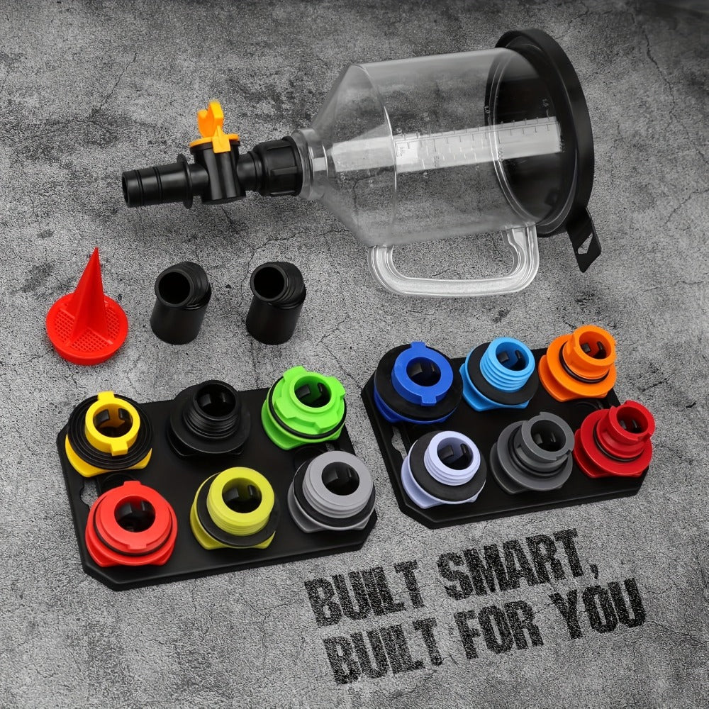 Engine Oil Funnel Kit 19Pcs – No-Spill Coolant Funnel Set with 12 Universal Adapters, 1.5L Capacity, Magnetic Tray for Oil Change Car