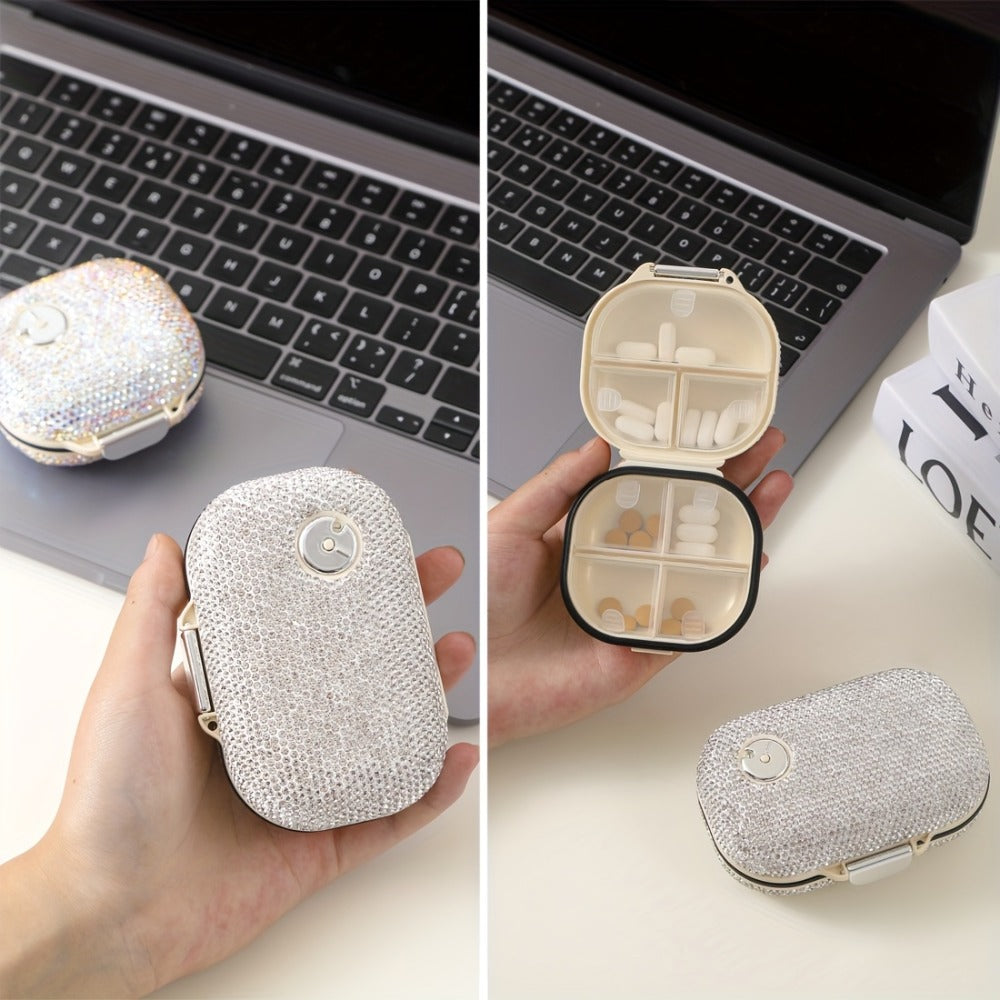 Seven-Compartment Travel Pill Organizer in Nine Square or Oblong Rhinestone Color Checkouts