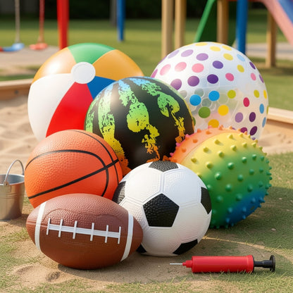Kids Playground Ball Set 7-Pack with Air Pump, 10.6 Inch Outdoor Ball Plus 6-Inch Basketball Football Rugby