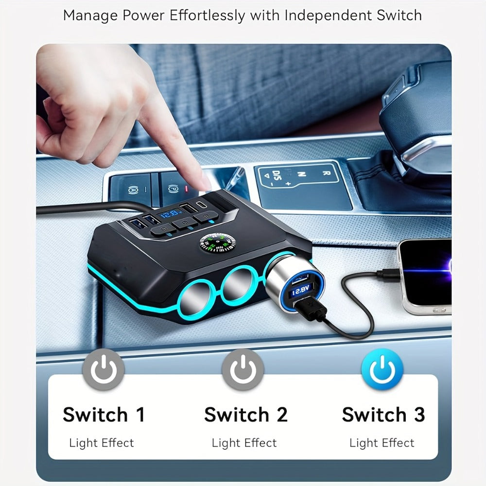 Car Cigarette Lighter Splitter 3-Socket 120W Power Outlet Adapter | QC3.0 + PD USB Ports | 12V/24V Voltage Monitor Independent Switch Car