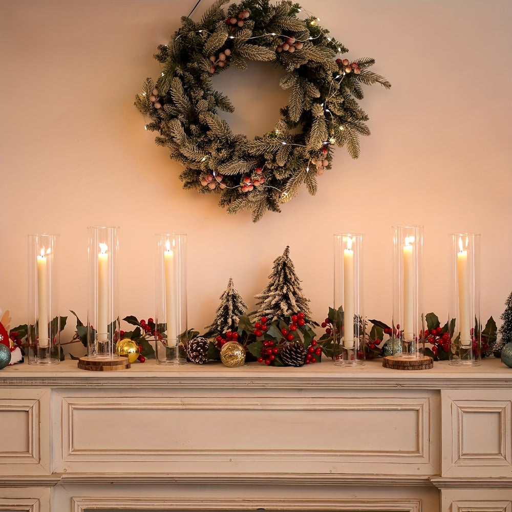 Hurricane Glass Candle Holders for Taper Candles, 11.8 Inch Tall Clear Cylinder Windproof Candlestick Stand for Wedding