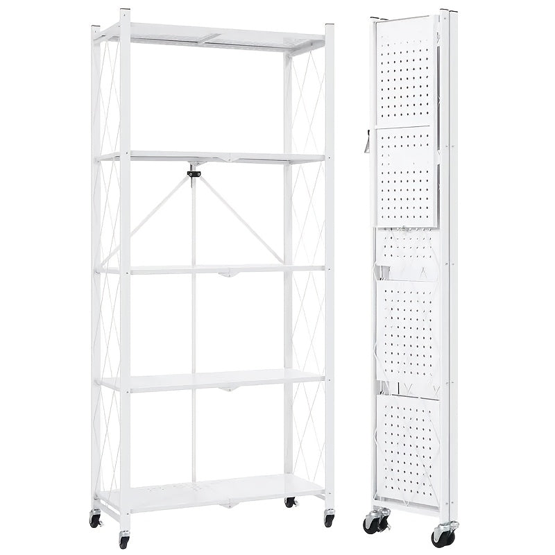 Rolling Foldable Metal Storage Shelf with Three-, Four- or Five-Tier Options in Black or White