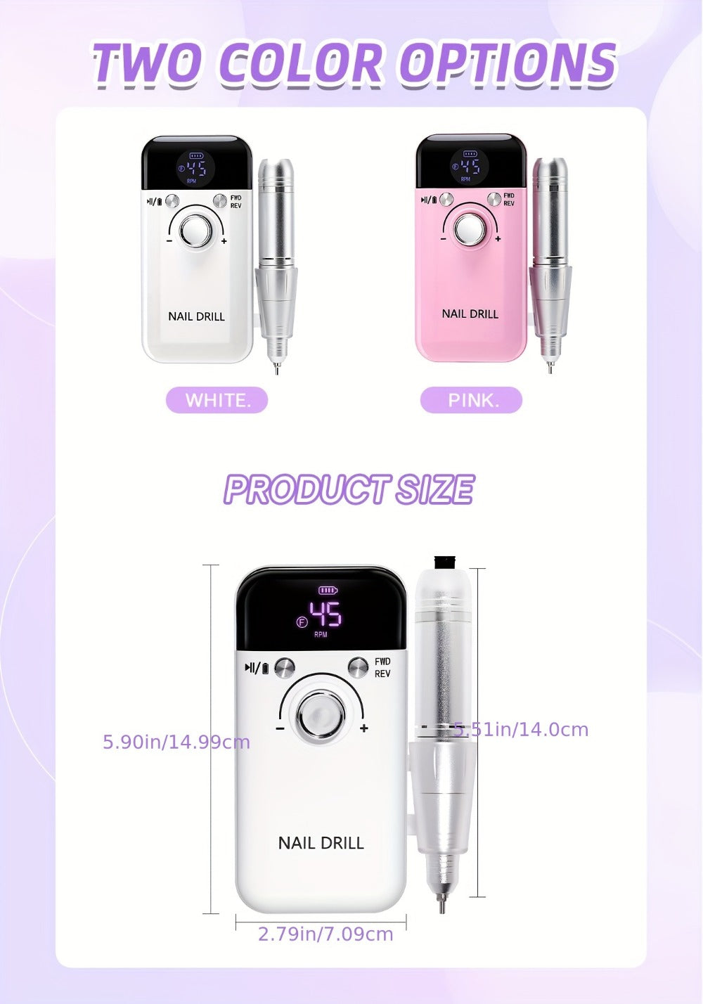Electric Nail Drill 45000 RPM Rechargeable Kit with LCD Display and V6 Pink or White Options