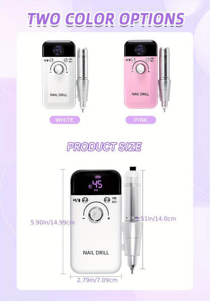 Electric Nail Drill 45000 RPM Rechargeable Kit with LCD Display and V6 Pink or White Options