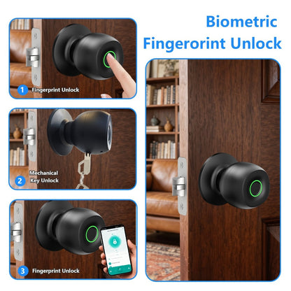 Smart Door Lock Tuya Smart Life Round Knob with Fingerprint App and Mechanical Key Access in Black