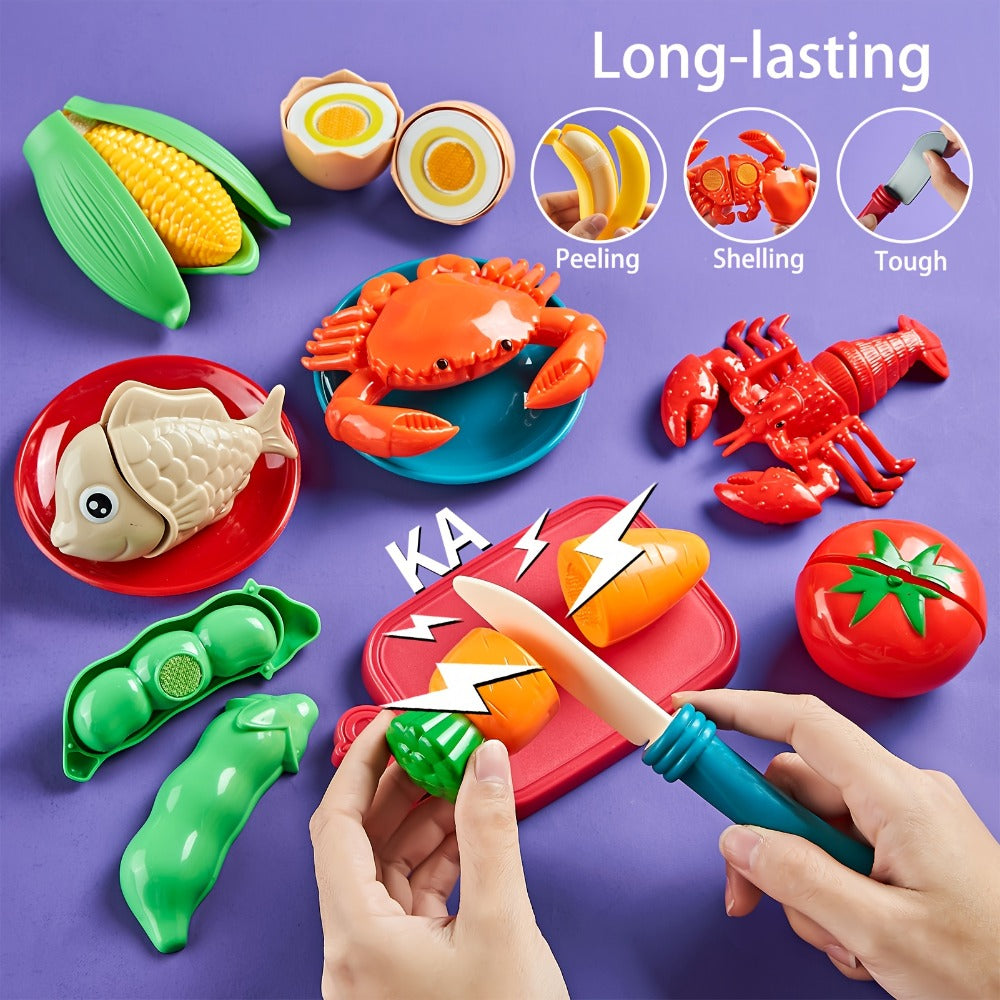78 Pcs Kids Kitchen Toy Set with Storage Bag - Pretend Play Dinnerware, Fake Fruits & Vegetables