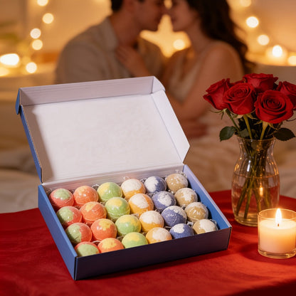 Bath Bombs, 24-Piece Essential Oil Gift Set with 20g Round Fizzers, Assorted Colors and Fragrance Styles