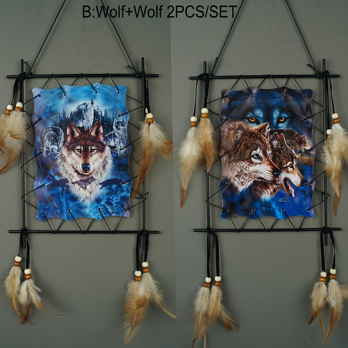 Wolf Eagle Dream Catcher Wall Art 2pcs Canvas Print Boho Native American Totem Hanging Decor with Feathers Wooden Beads Vintage Iron Frame