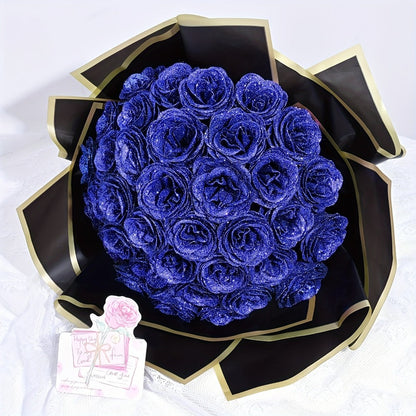 Artificial Rose Bouquet 24 Glitter Roses with 6 Golden Butterflies, Everlasting Shiny Fake Flower Bouquet for Wedding