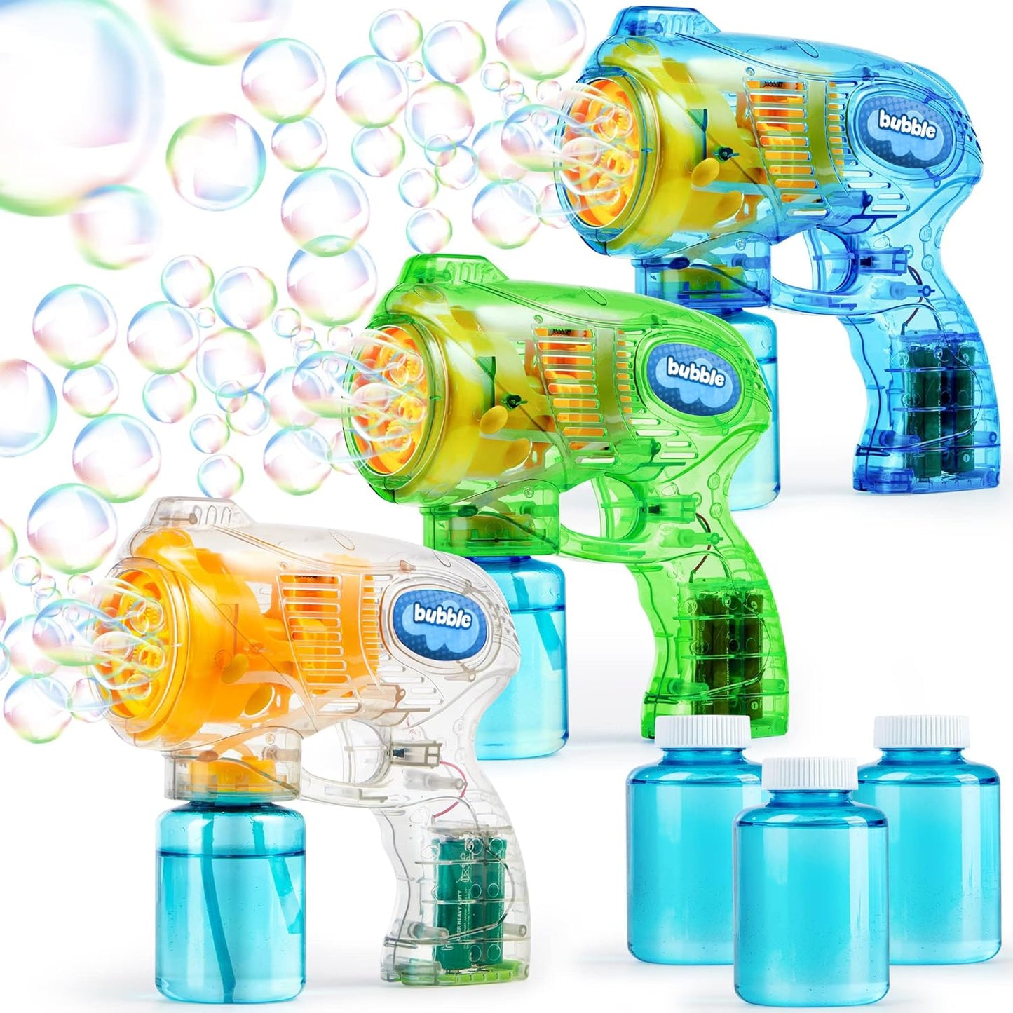 3-Pack Bubble Gun Blower with 3 Pre-Loaded Solution Refills, Hand-Powered, Color-Changing Bubbles