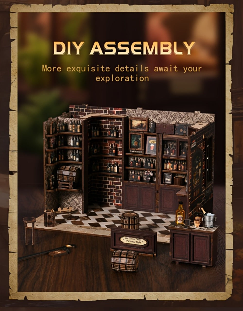 Corner Lounge Book Nook Kit with 327-Piece Tavern Storefront Scene, Illuminated Interior and Touch Switch