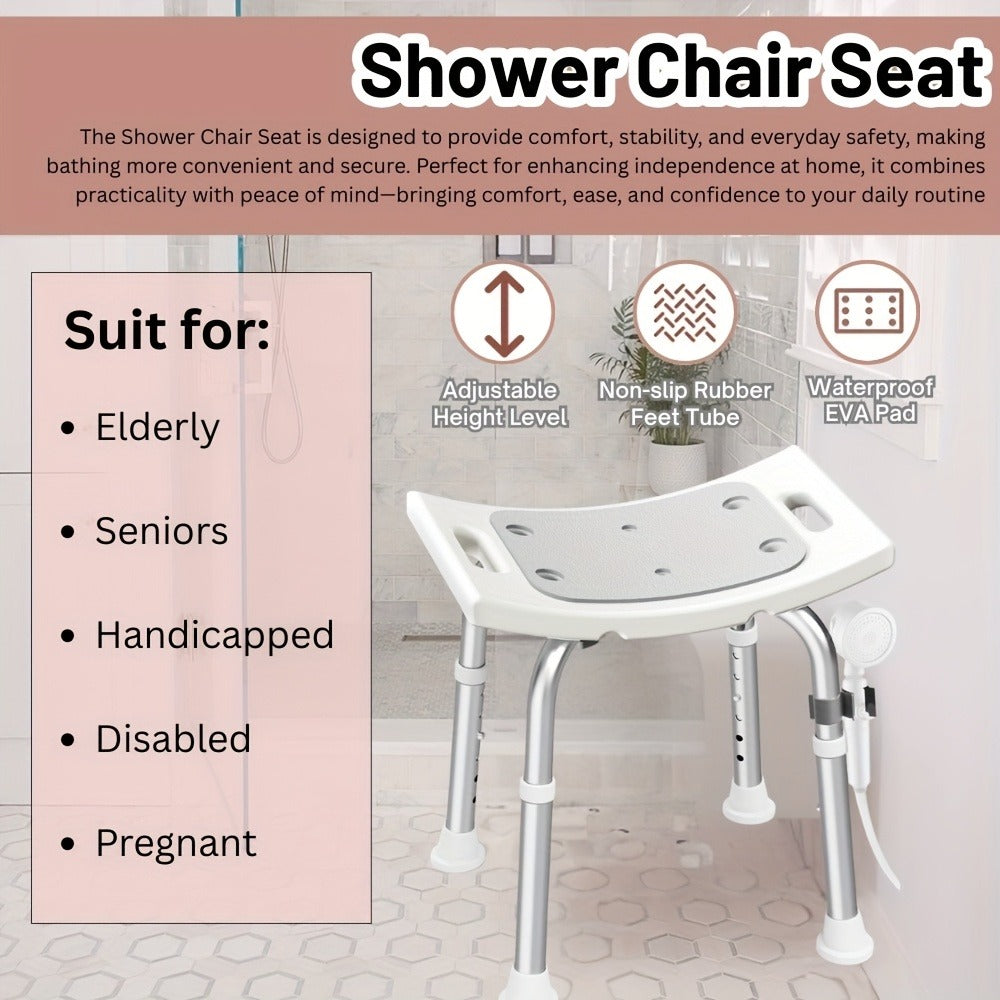 Aluminum Shower Chair 6-Level Adjustable Height Bath Stool Extra Wide Seat Tool-Free Assembly for Entryways, Bedrooms and Living Spaces