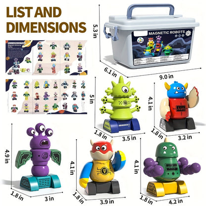 Magnetic Robot Building Toy for Kids Ages 3-5, 33-Piece STEM Stacking Playset with Storage Box, Rocket Robot & Monster Styles