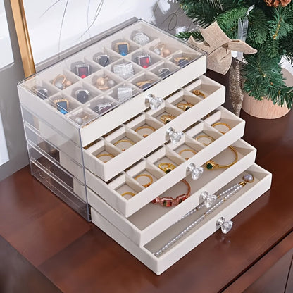 Jewelry Organizer 5-Tier 56-Grid Drawer Box in Gray or Beige for Rings, Earrings, Brooches and Hair Clips