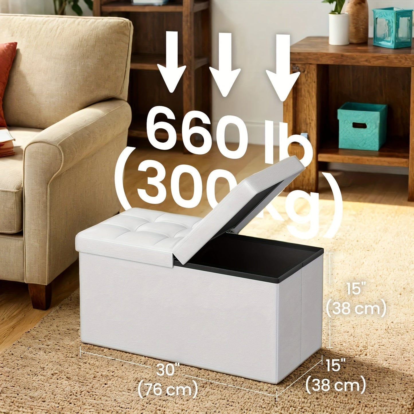 Storage Ottoman with Flip Top Lid, Foldable Faux Leather Chest Stool, 30" Wide Extra Seating & Blanket Storage for Entryway