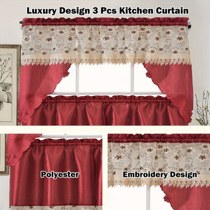 Kitchen Curtains 3 Piece Set Embroidered Satin Valance and Tiers – Rod Pocket Light Filtering Machine Washable 46 Colors