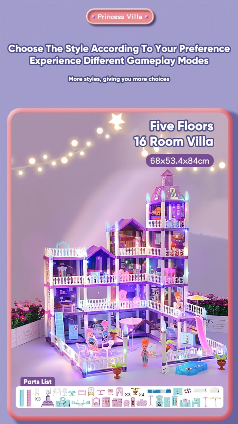 LED Dollhouse Playset for Girls, Purple Multi-Room Playhouse with Doll Figures, Puppies, Furniture & LED Lighting