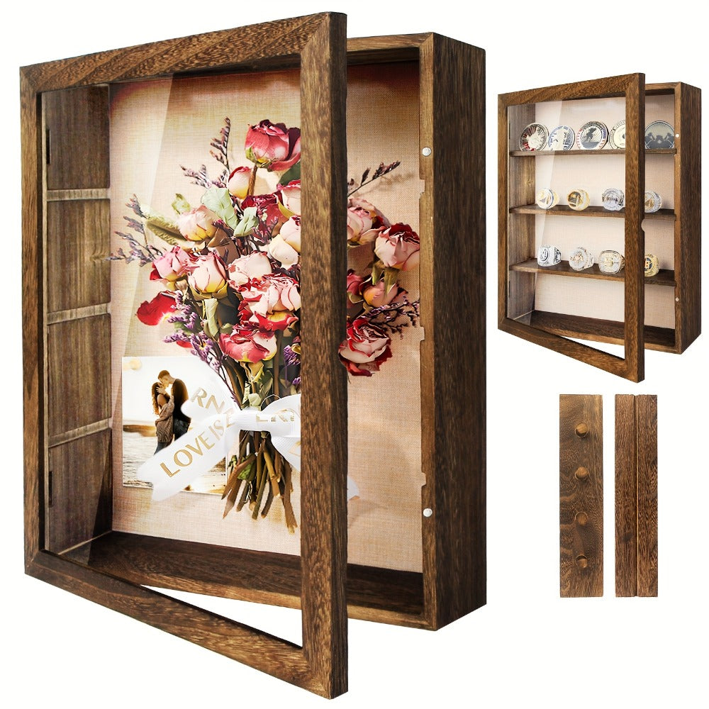 Shadow Box Frame 11x14 with 4 Removable Shelves – Large Deep Display Case for Medals Coins Pins Photos Flowers Keepsakes
