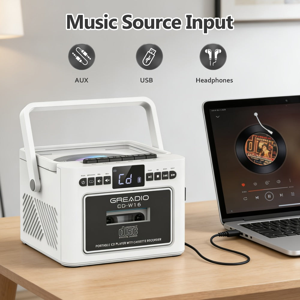 Boombox CD Cassette Player Rechargeable 5000mAh Battery 5W Dual Stereo Speakers FM Radio Tape Recording AUX SD USB 3.5mm Jack Portable Home