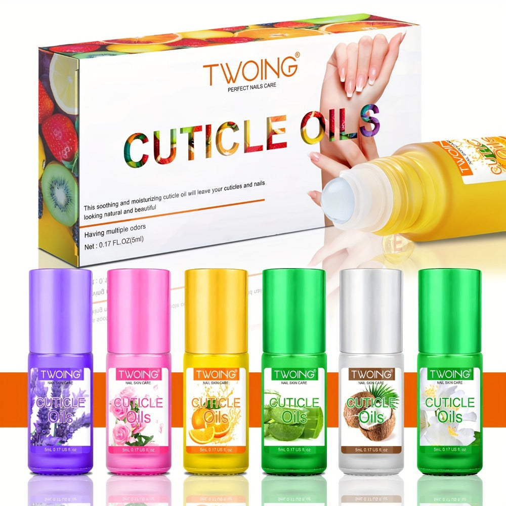 Cuticle Oil Set 6 Scents with Jojoba Oil Grape Seed Oil & Vitamin E – Paraben-Free Plant-Based Daily Nail Treatment for Dry Damaged Broken