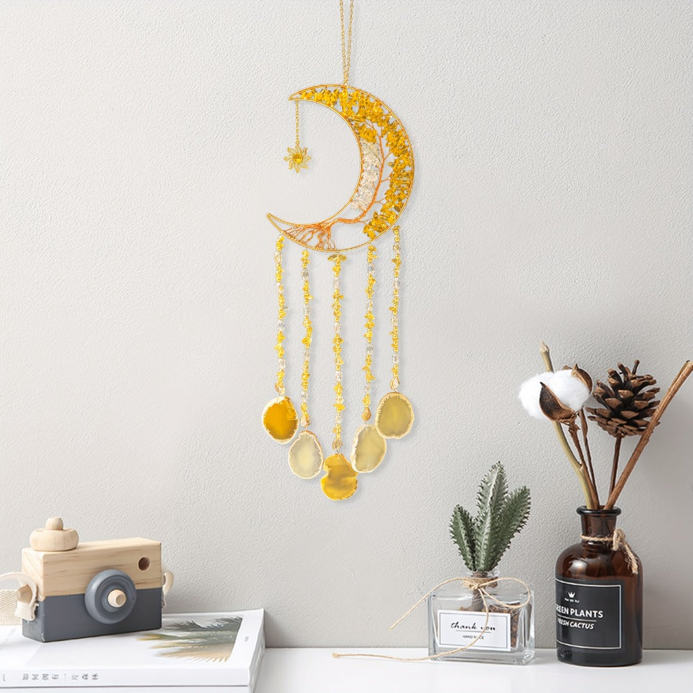 Moon Agate Tree Hanging Ornament Handmade Boho Suncatcher Wall Decor - Crystal Window Sun for Entryways, Bedrooms and Living Spaces