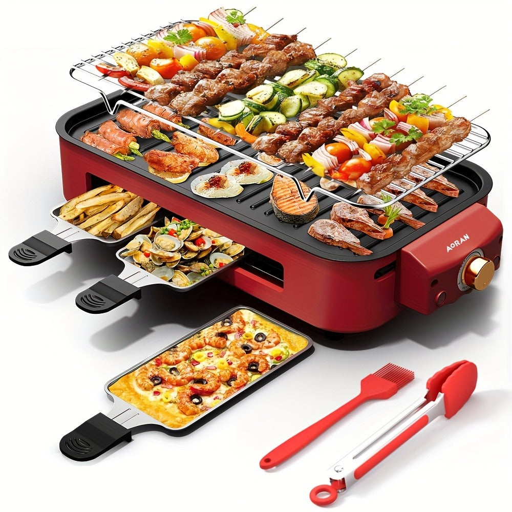 Electric BBQ Grill Indoor, 1500W Smokeless Tabletop Grill with Removable Frying Pan, Waffle Maker & Non-Stick Stainless Steel Plates
