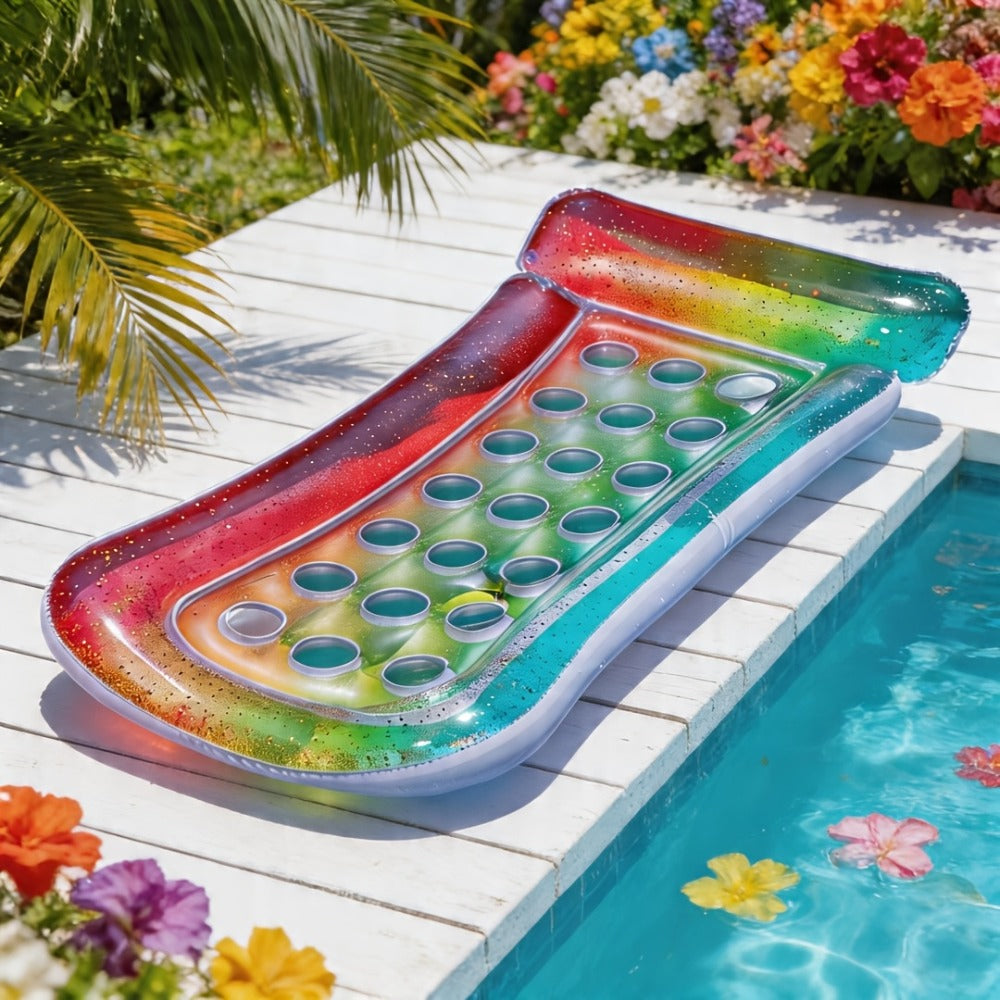 Rectangular Inflatable Pool Bed with Raised Pillow, Round Vent Holes and Rainbow or Mermaid Designs
