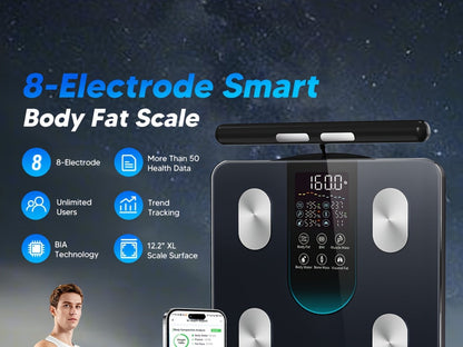 Smart Body Fat Scale with Handle, 8-Electrode Full Body Composition Analyzer, BMI Mass Monitor
